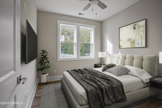 bedroom with dark wood-type flooring and ceiling fan