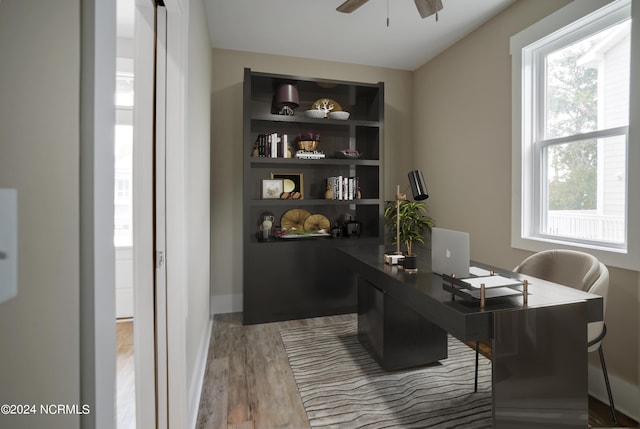 home office with ceiling fan and wood-type flooring