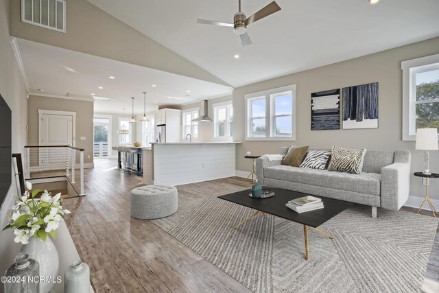 living room featuring ceiling fan, lofted ceiling, sink, and wood-type flooring