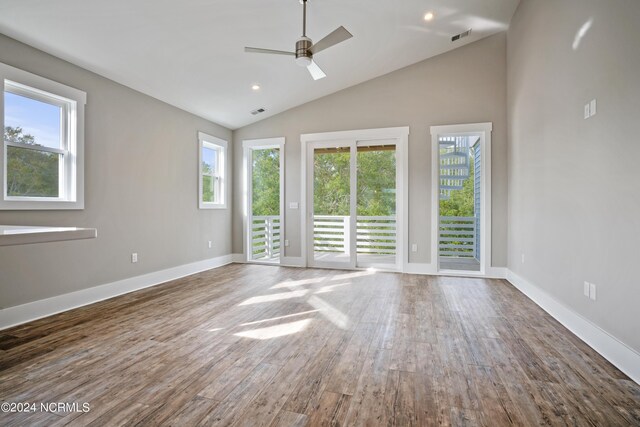 unfurnished room with high vaulted ceiling, ceiling fan, and hardwood / wood-style flooring