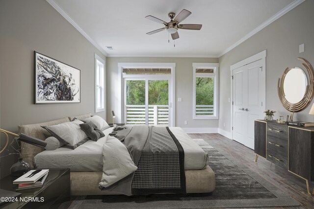 bedroom with access to outside, ornamental molding, ceiling fan, and dark hardwood / wood-style flooring