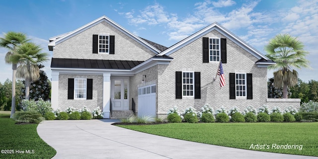 view of front of property featuring entry steps, brick siding, concrete driveway, a front lawn, and a standing seam roof