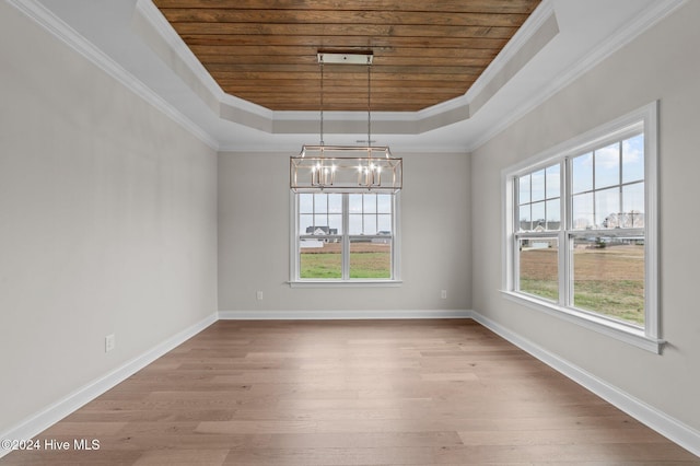 unfurnished dining area with a raised ceiling, wooden ceiling, ornamental molding, and an inviting chandelier