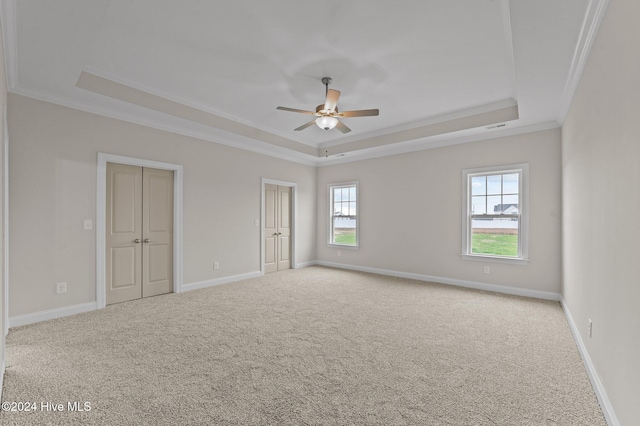 unfurnished room featuring a raised ceiling, ceiling fan, a healthy amount of sunlight, and ornamental molding