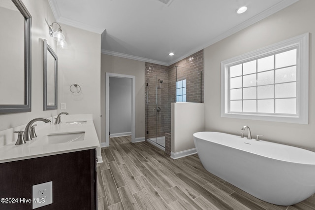 bathroom featuring vanity, independent shower and bath, and ornamental molding