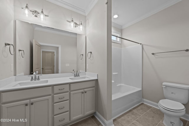 full bathroom with vanity, toilet, washtub / shower combination, and crown molding