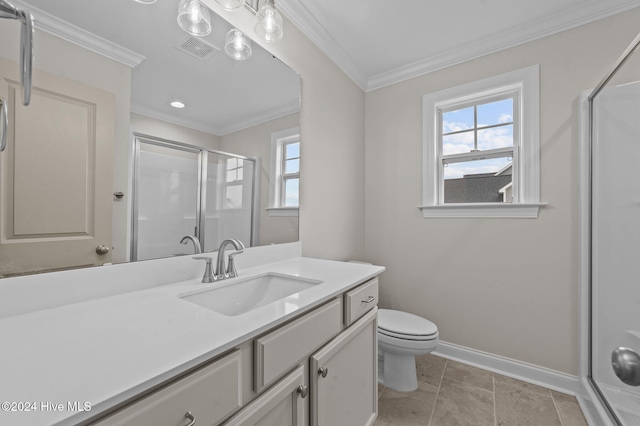 bathroom with ornamental molding, vanity, a shower with door, tile patterned flooring, and toilet