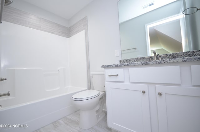 full bath featuring  shower combination, visible vents, vanity, and toilet