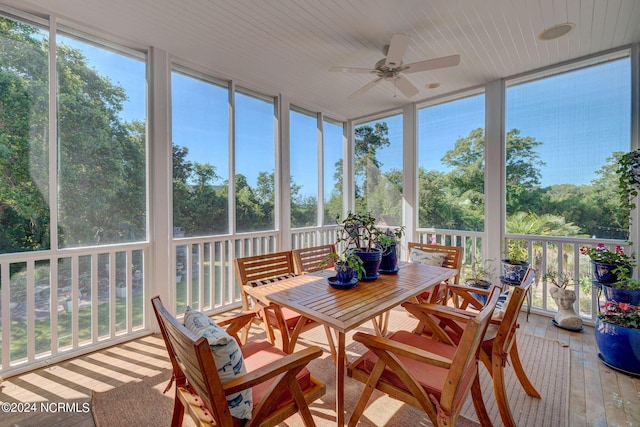 sunroom featuring ceiling fan