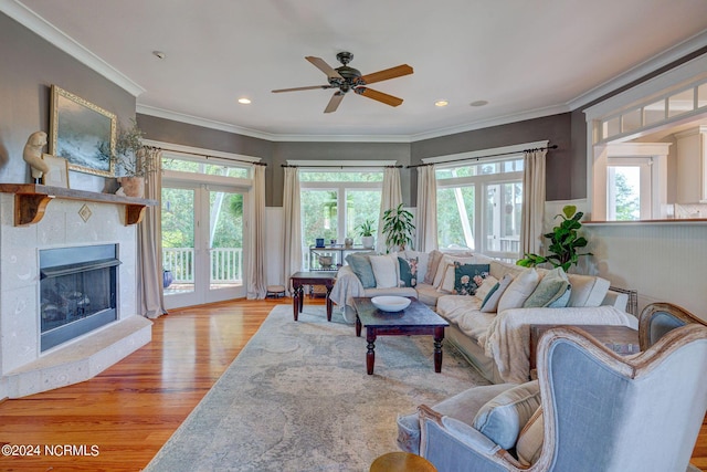 living room with ceiling fan, crown molding, and light hardwood / wood-style flooring