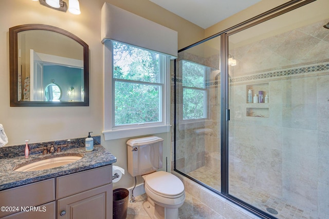 bathroom featuring vanity, toilet, and walk in shower