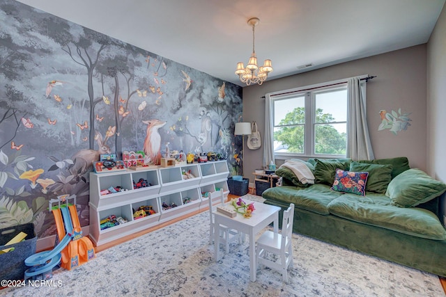 living room featuring a notable chandelier