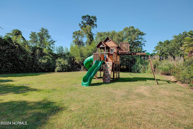 view of jungle gym with a yard