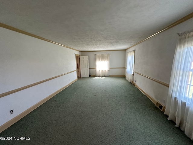 carpeted spare room featuring a textured ceiling and ornamental molding