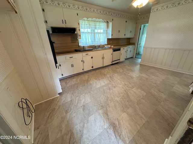 kitchen featuring white dishwasher, ceiling fan, white cabinetry, and sink