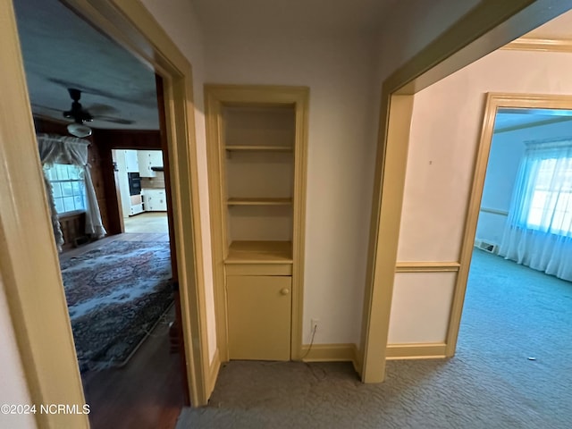 corridor featuring carpet floors and crown molding