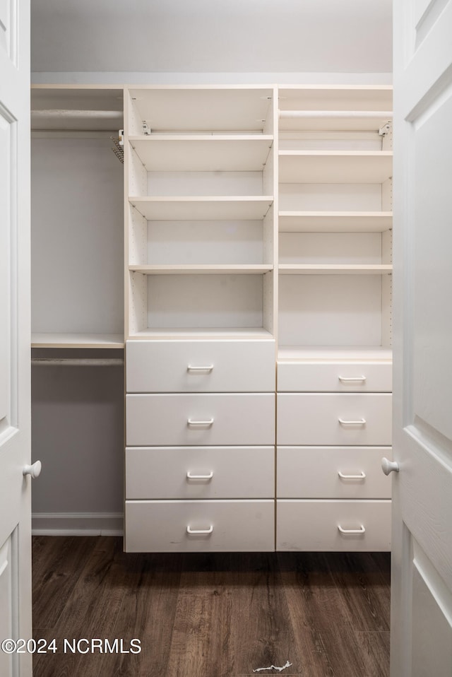 walk in closet with dark wood-type flooring