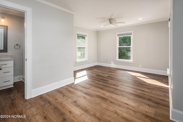 519 E Water St, Belhaven, NC 27810 - unfurnished room featuring crown molding, ceiling fan, dark wood-style floors, and recessed lighting