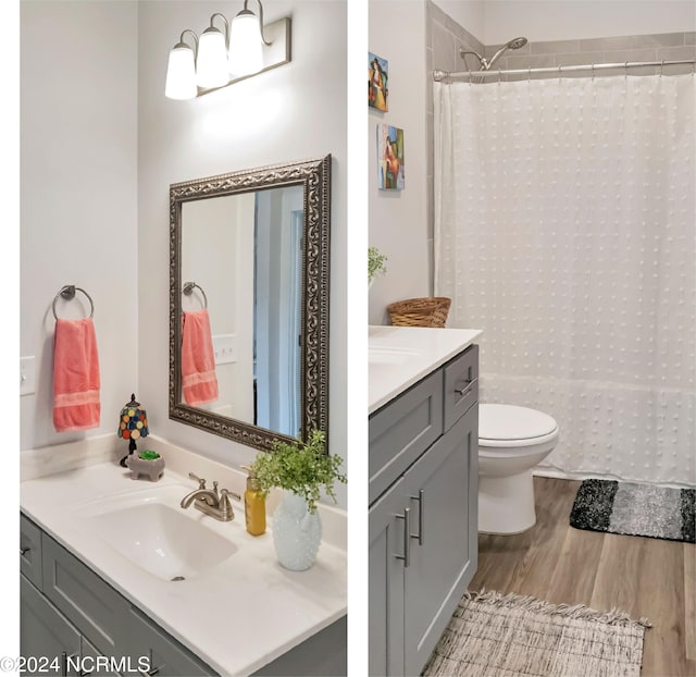 bathroom with vanity, hardwood / wood-style floors, and a shower with curtain