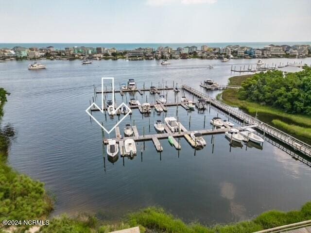 view of water feature with a boat dock