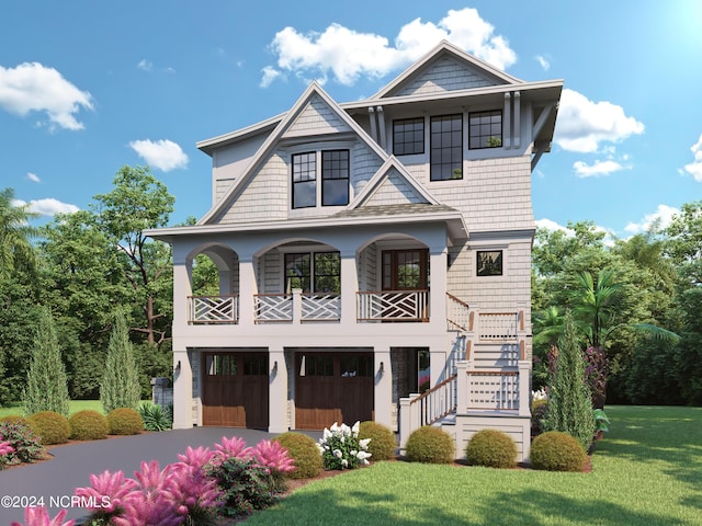 view of front facade featuring a front yard, a porch, and a balcony