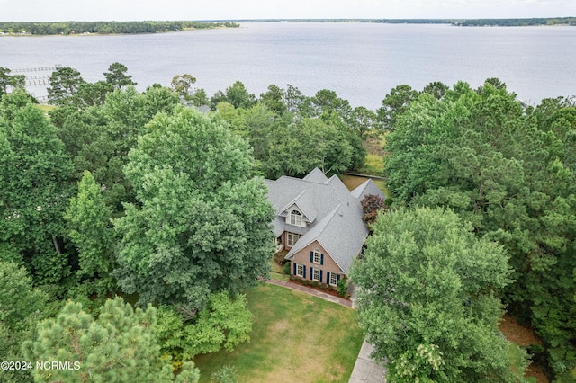 birds eye view of property featuring a water view