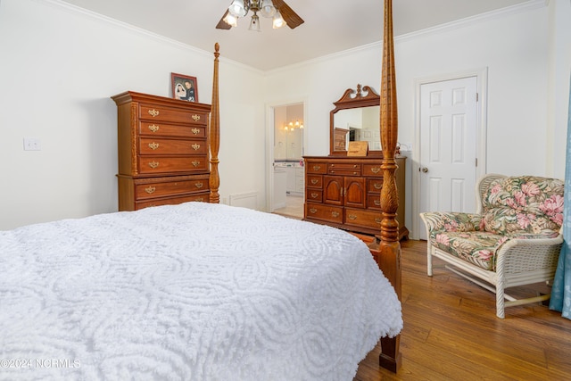 bedroom with ceiling fan, connected bathroom, hardwood / wood-style flooring, and crown molding