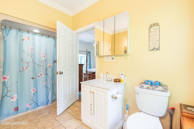 bathroom with toilet, tile patterned flooring, walk in shower, and crown molding