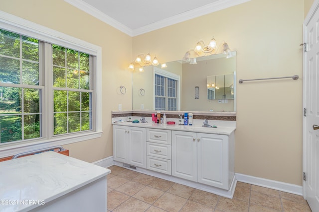 bathroom with vanity, tile patterned floors, and crown molding