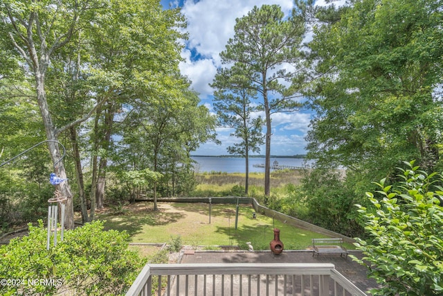 view of yard with a water view