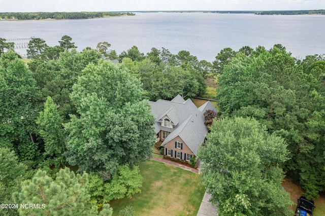 birds eye view of property featuring a water view