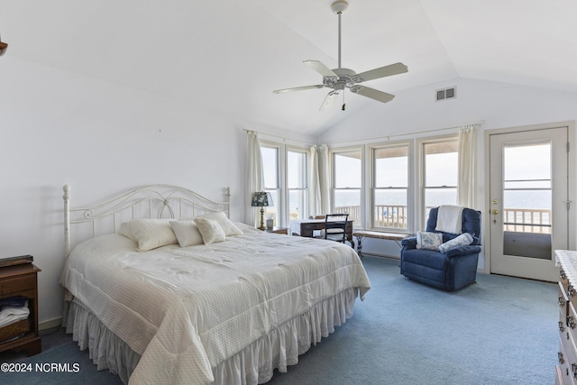 carpeted bedroom with access to outside, vaulted ceiling, and ceiling fan