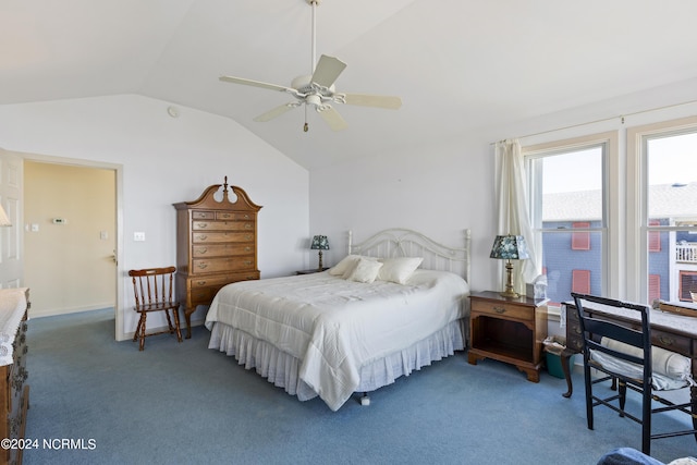 bedroom featuring ceiling fan, lofted ceiling, and dark colored carpet