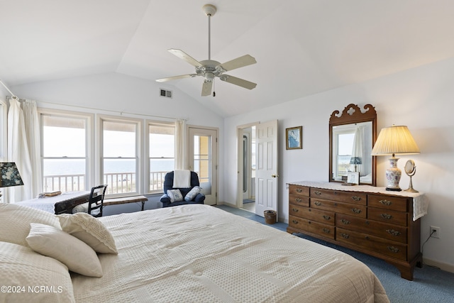 carpeted bedroom featuring ceiling fan, a water view, and lofted ceiling