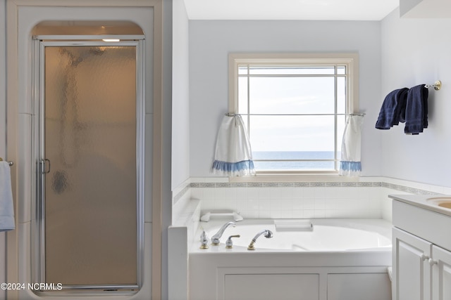 bathroom with vanity, plenty of natural light, and plus walk in shower