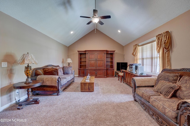 living room with ceiling fan, light colored carpet, and lofted ceiling