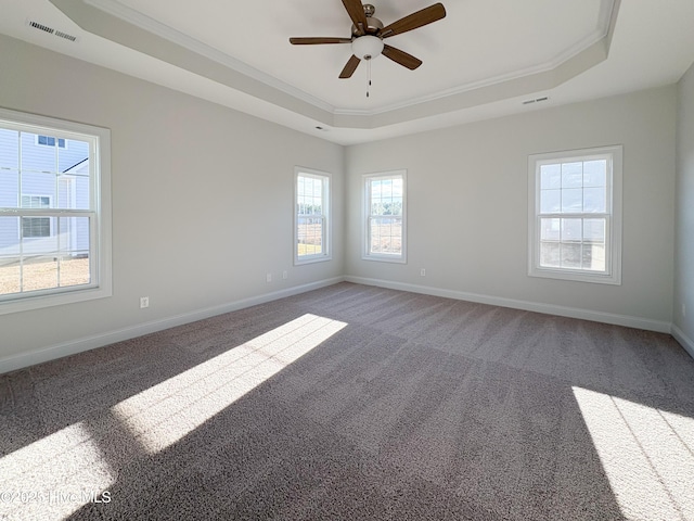 spare room with ceiling fan, a healthy amount of sunlight, and a raised ceiling