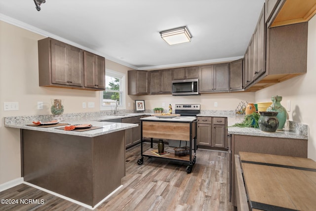 kitchen with appliances with stainless steel finishes, a peninsula, dark brown cabinets, light wood-style floors, and a sink