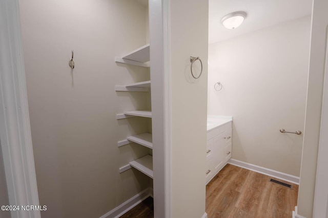 bathroom with vanity and hardwood / wood-style flooring