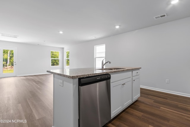 kitchen with dishwasher, sink, dark hardwood / wood-style flooring, an island with sink, and white cabinets