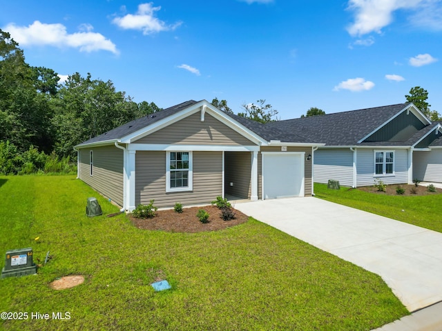 ranch-style house with a front yard and a garage