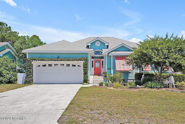 view of front facade featuring an attached garage, driveway, and a front yard