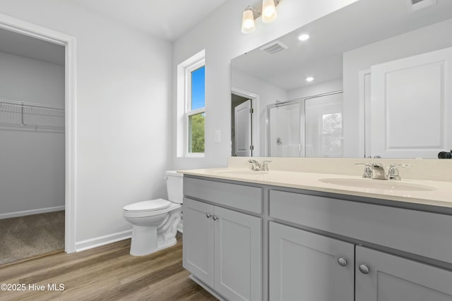 bathroom featuring toilet, vanity, wood-type flooring, and walk in shower