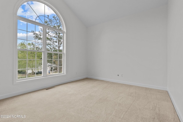 spare room featuring light colored carpet and lofted ceiling