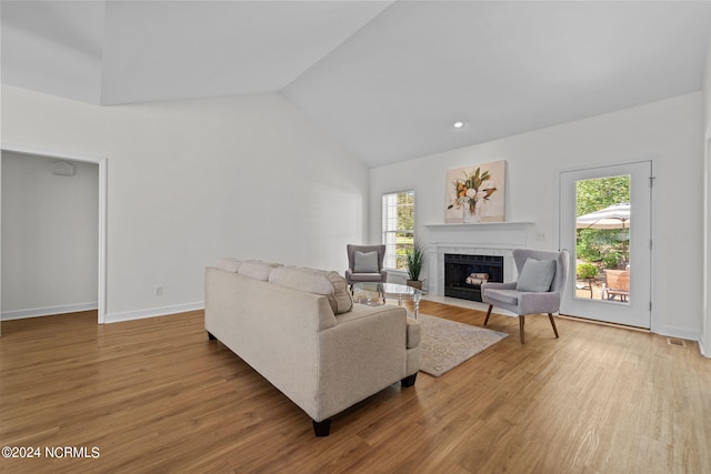 living room featuring high vaulted ceiling and hardwood / wood-style floors