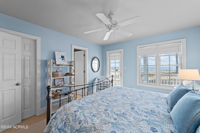 bedroom with ceiling fan, carpet floors, and a closet