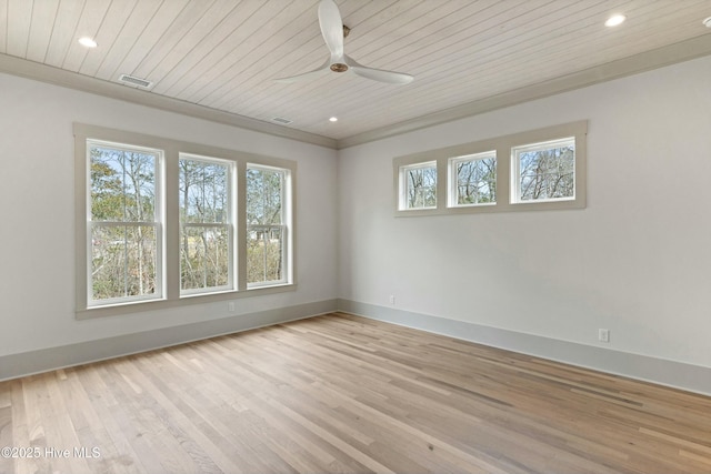 spare room with ceiling fan, wooden ceiling, recessed lighting, visible vents, and light wood-style floors