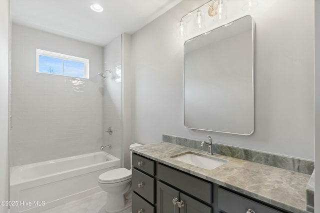 full bath with toilet, shower / tub combination, and vanity