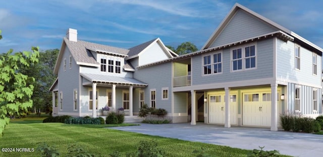 view of front of house featuring a garage, covered porch, and a front yard