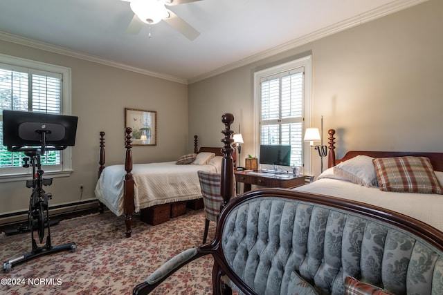 bedroom with multiple windows, a baseboard radiator, ceiling fan, and ornamental molding